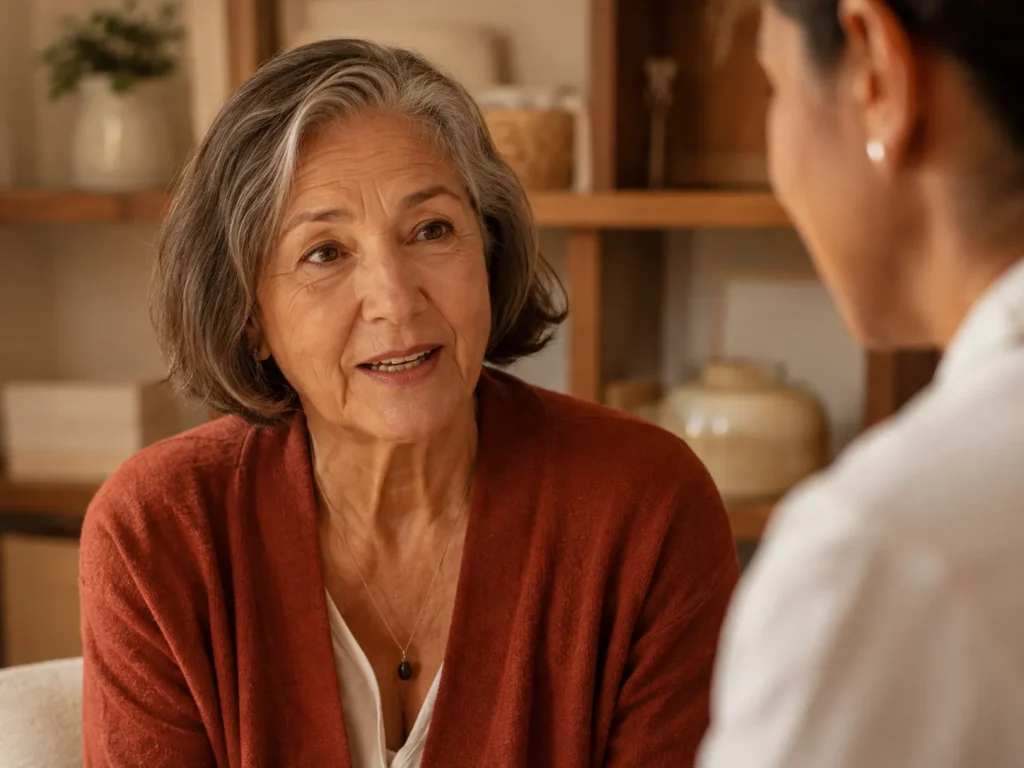 Older woman in a candid clinic conversation, reflecting Evexia's personalized GLP-1 weight loss program built around ongoing provider care