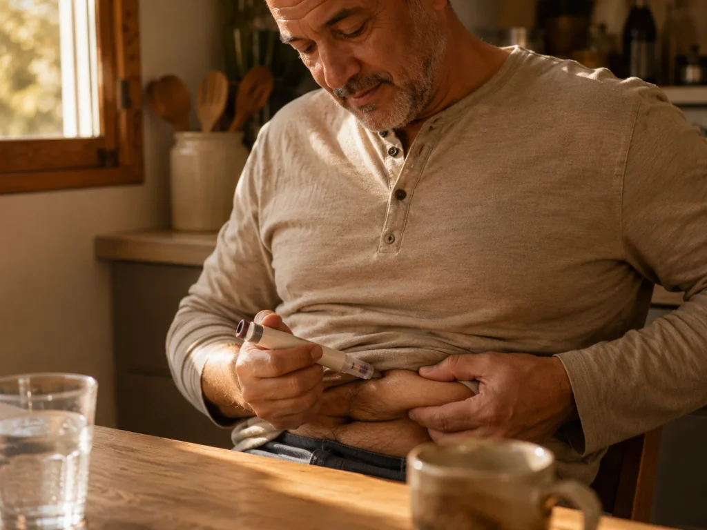 Man preparing a weekly GLP-1 injection at home, illustrating the dosing routine difference between GLP-1 injections vs pills
