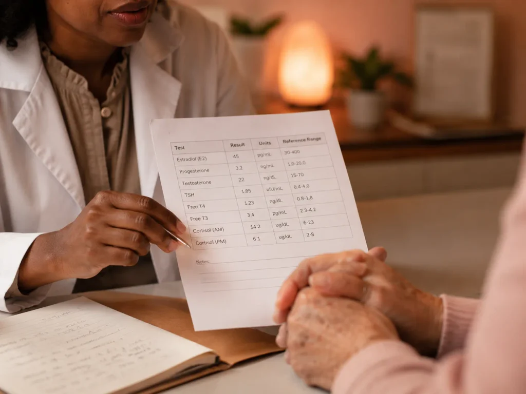 Provider reviewing a hormone lab panel with a patient as part of a root-cause approach to symptoms of hormonal imbalance in women