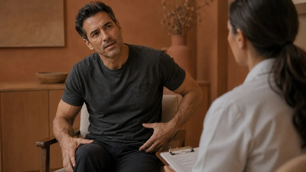 Patient gesturing to diffuse joint pain during a consult about chronic inflammation and pain with no single clear source