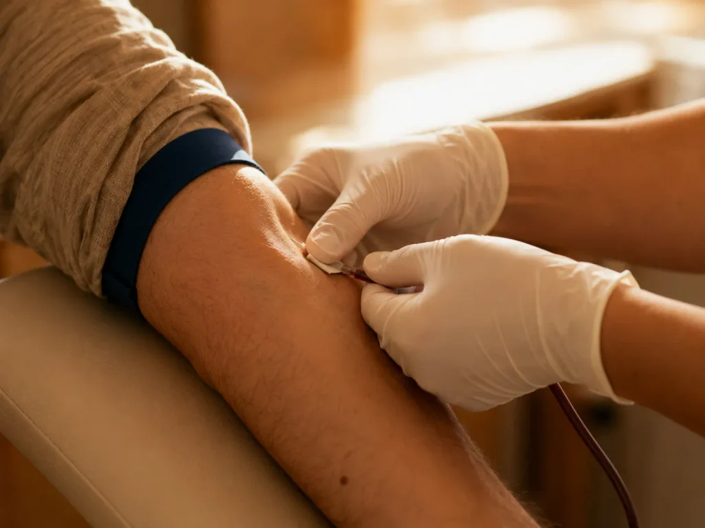 Gloved clinician collecting a fasting blood sample during metabolic testing at Evexia's Florissant Colorado clinic