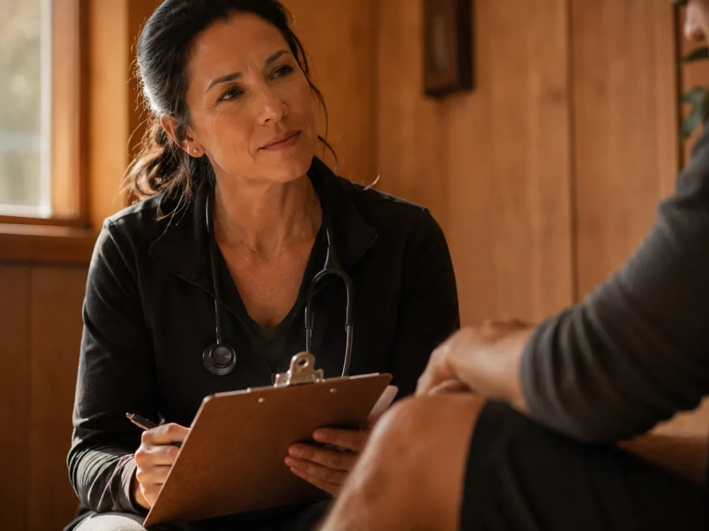 Provider reviewing a patient's pain history during an evaluation — the first step in Evexia's joint pain treatment without surgery process.