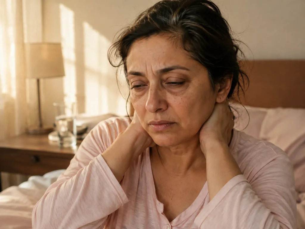 Tired woman in her 50s sitting on the edge of her bed — illustrating hormonal changes in women like fatigue and disrupted sleep