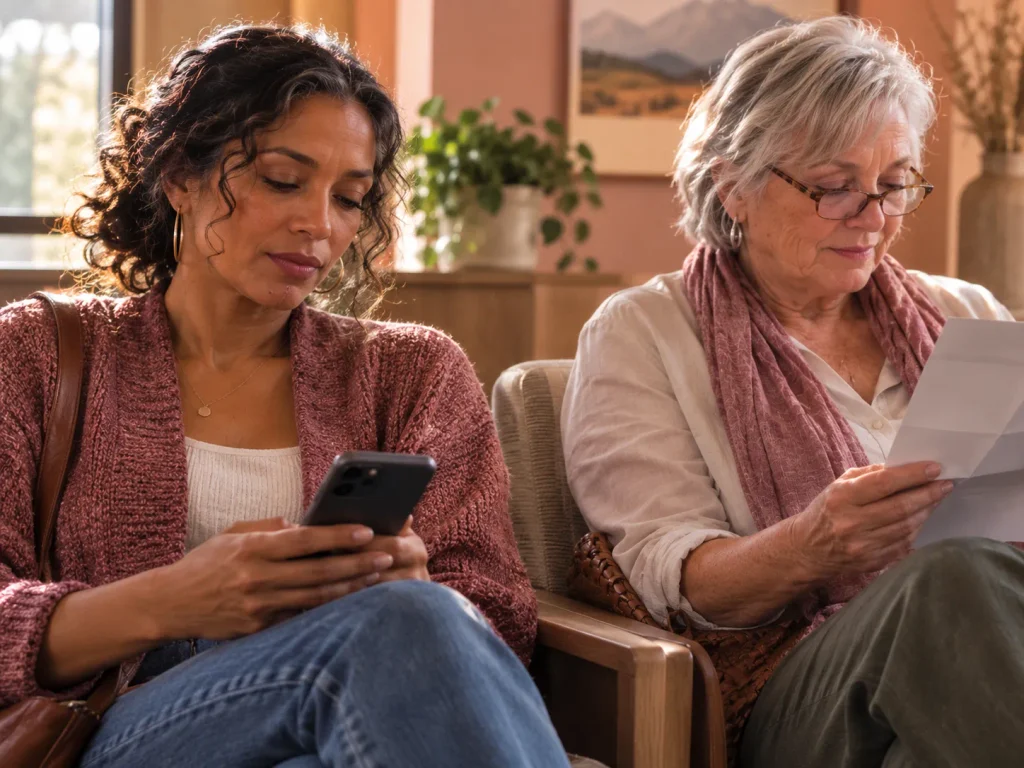Two women at different life stages in a clinic waiting area, showing why bioidentical hormone replacement therapy cost varies by patient