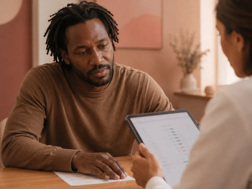 Male patient reviewing a hormone panel with a provider on a tablet during a functional hormone testing consultation at Evexia