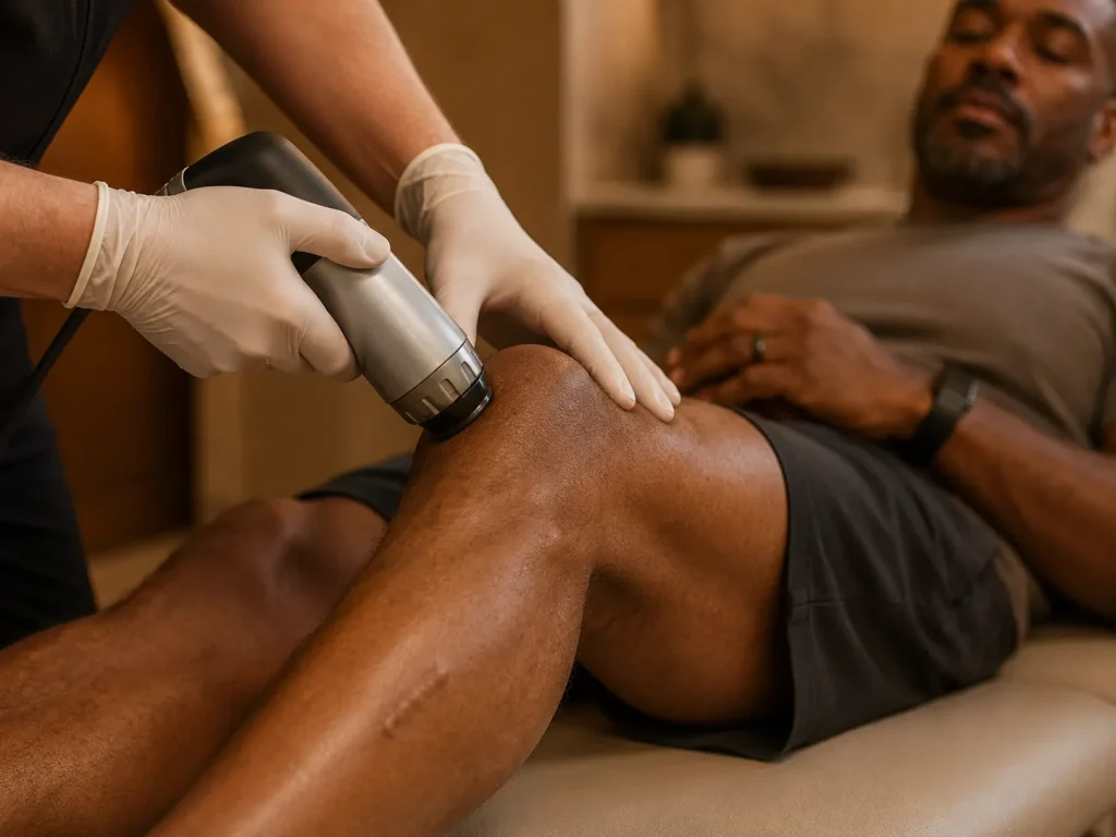 Provider applying StemWave handheld device to a patient's knee during shockwave therapy for knee pain treatment