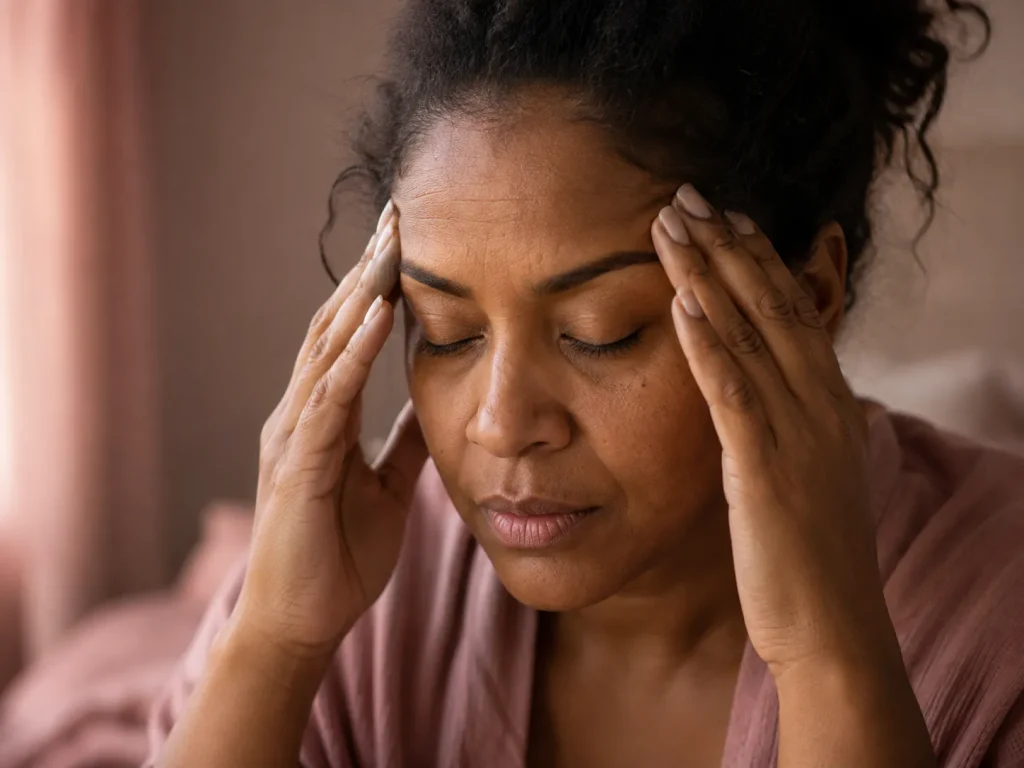 Woman pressing fingertips to temples with eyes closed, experiencing brain fog linked to hormone imbalance treatment need