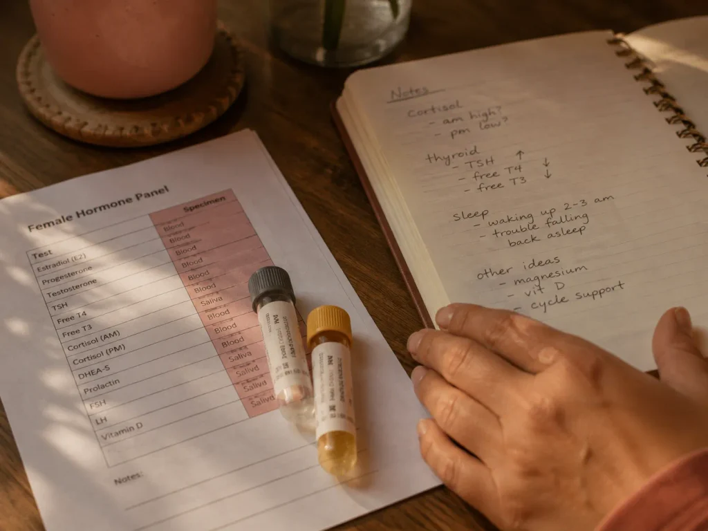Lab vials and handwritten symptom journal on a desk — root cause testing for symptoms of hormonal imbalance in women