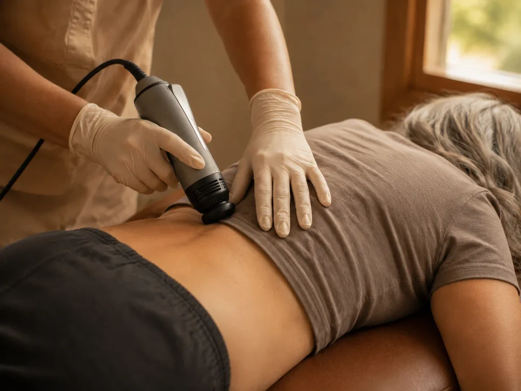Provider guiding StemWave therapy applicator across a patient's lower back during a session at Evexia in Florissant Colorado