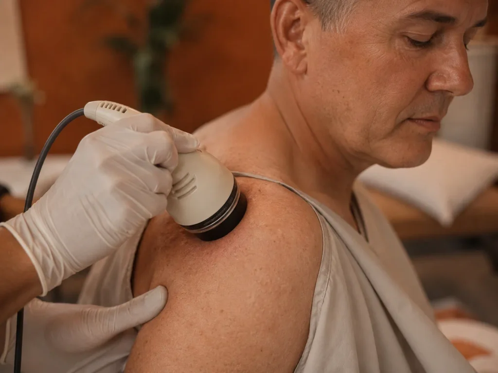Provider applying StemWave therapy to a patient's shoulder as part of treatment for chronic inflammation and pain