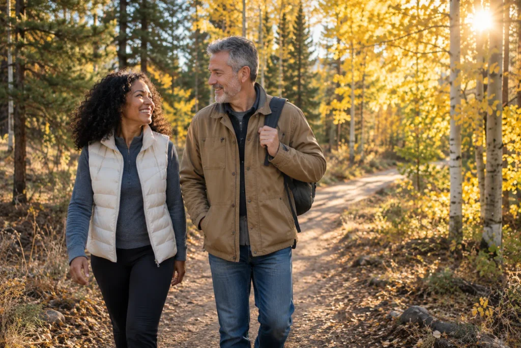 Couple in their forties and fifties laughing together on a golden aspen trail in the Colorado mountains