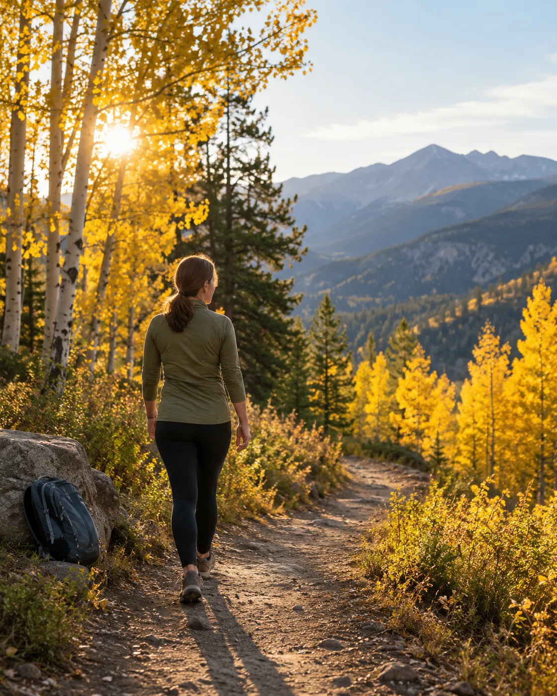 Woman walking easily on a golden aspen trail near Florissant, Colorado after finishing her shockwave therapy sessions.
