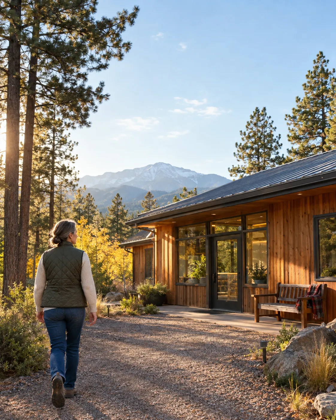 Exterior of a metabolic health clinic in Florissant, Colorado, surrounded by ponderosa pines.