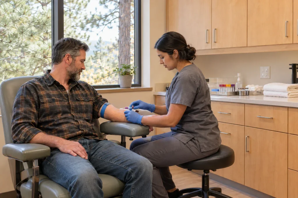 Clinician drawing labs from a client during a metabolic health evaluation.
