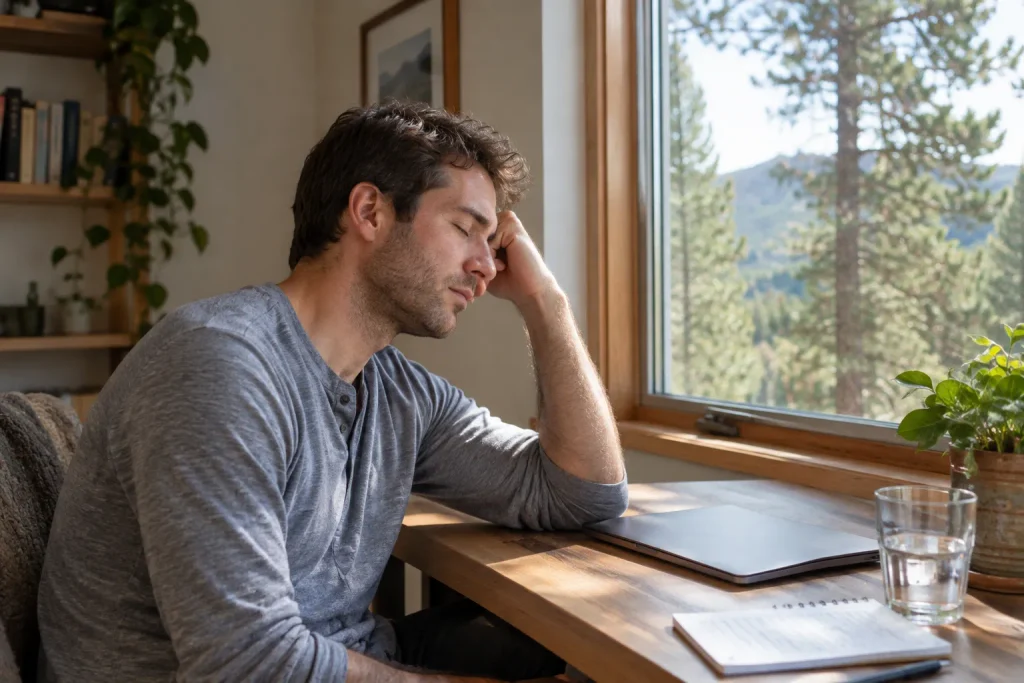 Man at a home desk in early afternoon, head resting on his hand during a mid-afternoon energy crash.