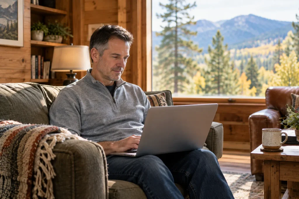 Man on a telehealth visit from his mountain home office, part of a Root Cause Healing consultation.