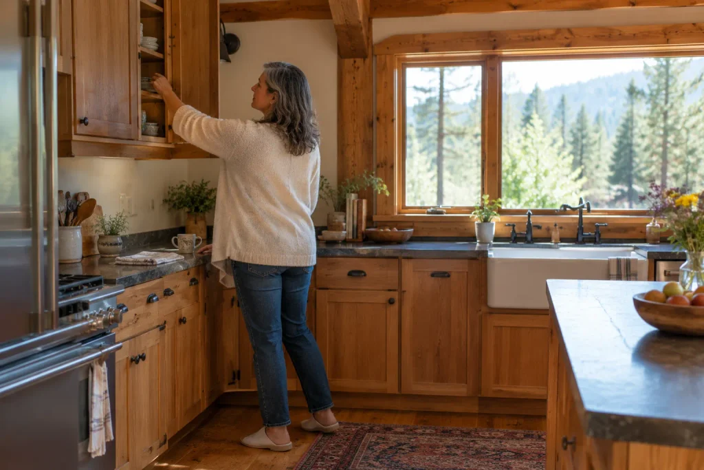 Woman shows frozen shoulder stiffness reaching toward a high kitchen cabinet at home.