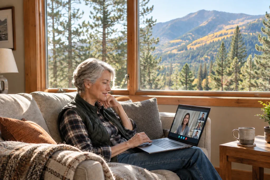 Woman on a telehealth video visit from her living room, with an aspen-dotted mountain view through the window behind her.