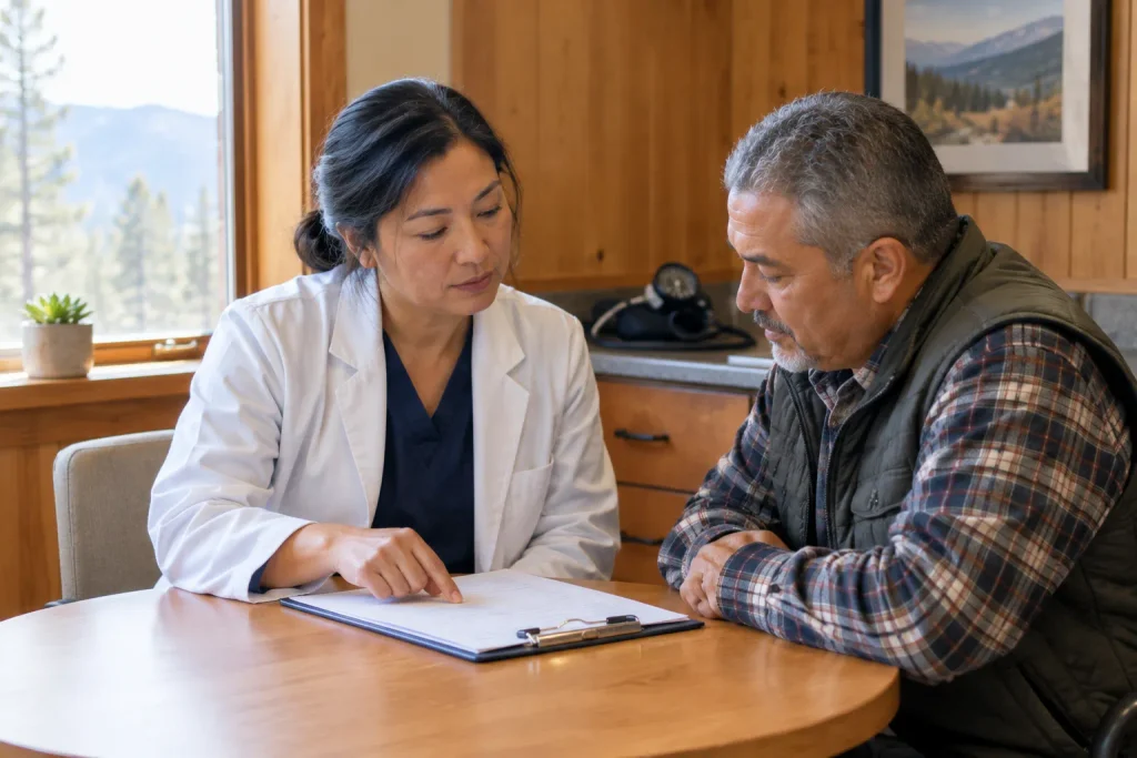 Nurse practitioner reviewing lab results with a patient in a small-town Colorado clinic exam room