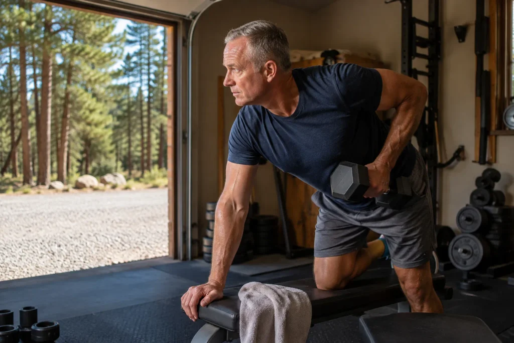 Man doing dumbbell rows in a home garage gym to preserve muscle during a GLP-1 weight loss plan