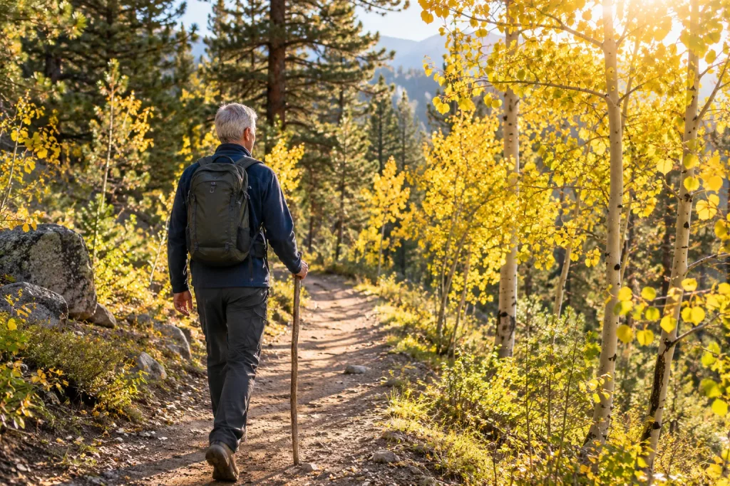 Man walking a golden aspen trail in the Colorado high country to stay active while on GLP-1 medication.