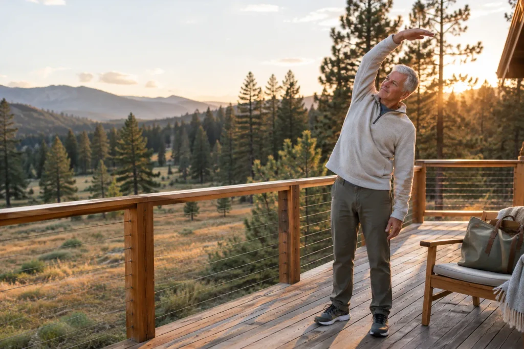 Man stretches his shoulder outdoors after regaining mobility from shockwave therapy.