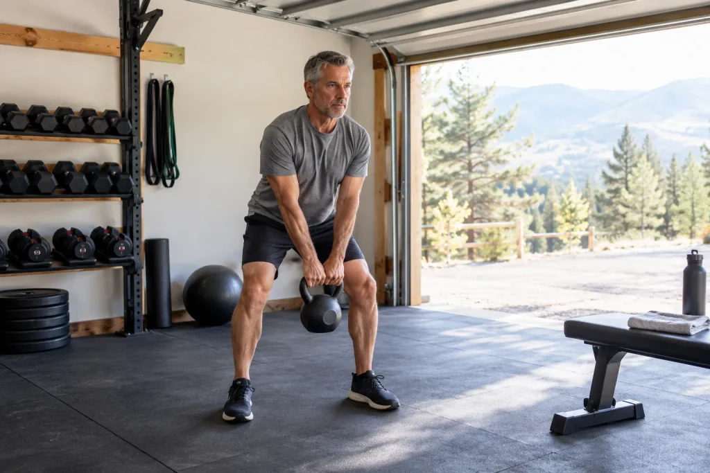 Man lifting a kettlebell in a home garage gym as part of a resistance training routine on GLP-1