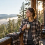 Woman greeting a crisp Colorado morning on a mountain cabin porch, feeling steady and energized
