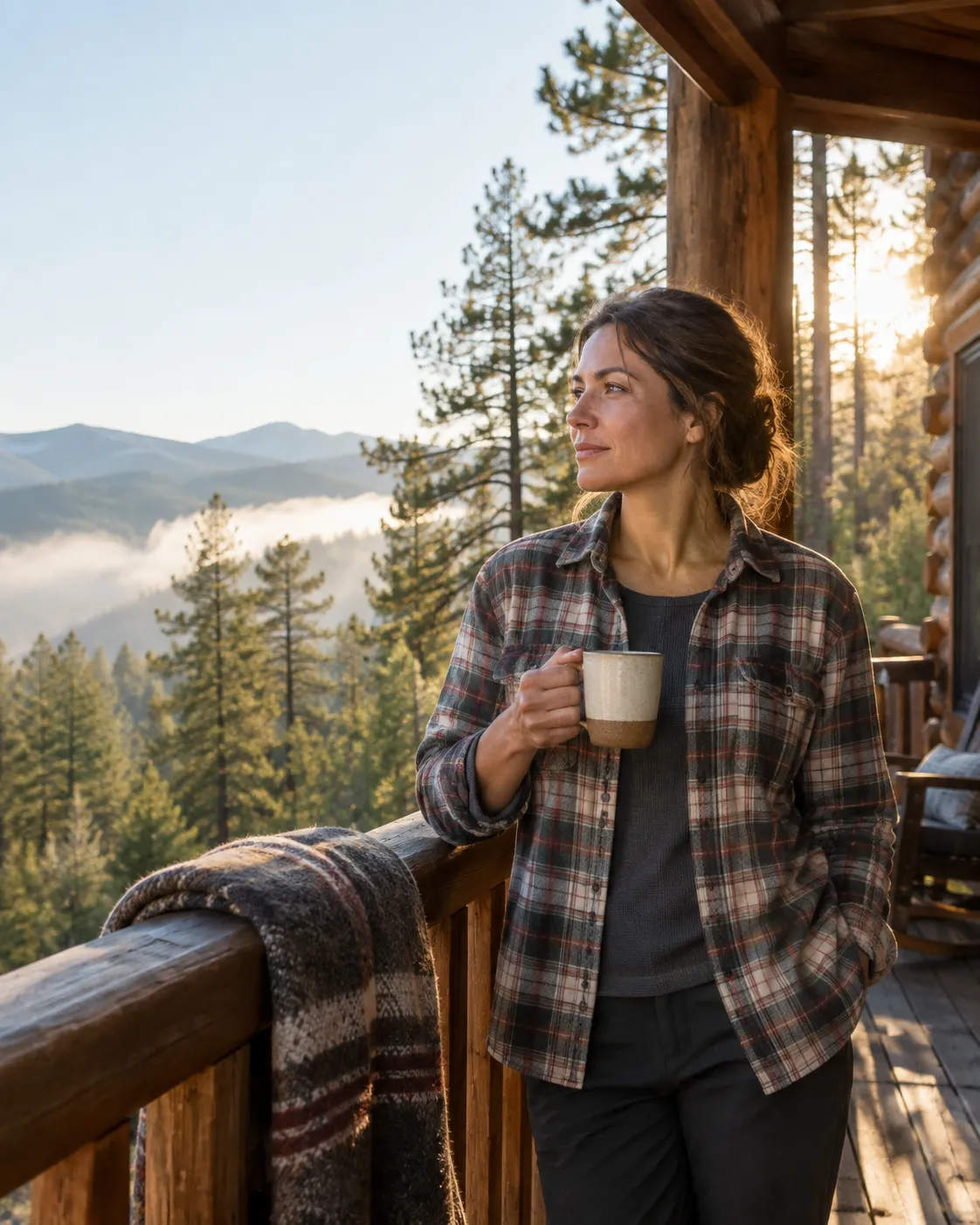 Woman greeting a crisp Colorado morning on a mountain cabin porch, feeling steady and energized