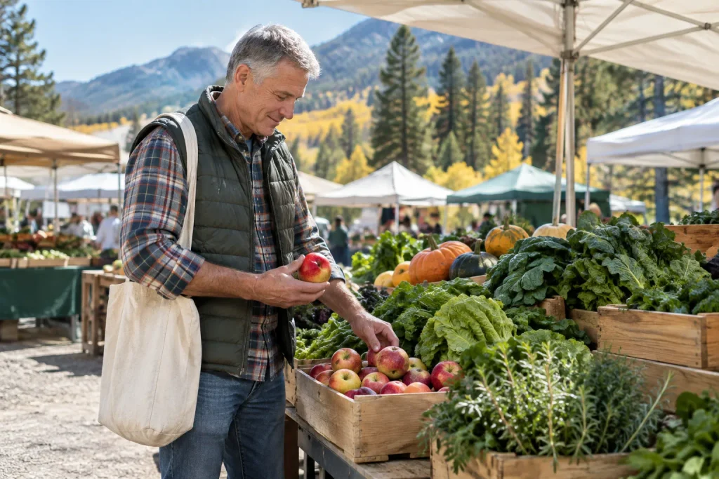 Man selecting fresh produce at a Teller County farmers market to support gut bacteria and estrogen balance.