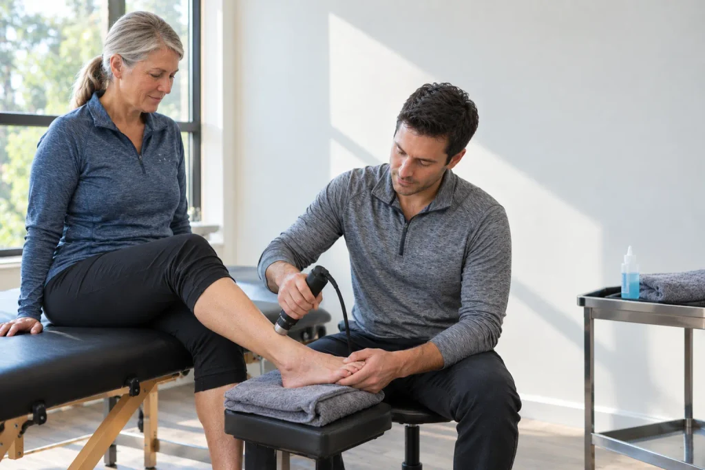 Clinician applying a handheld shockwave therapy device to a patient's heel during a non-surgical treatment session.