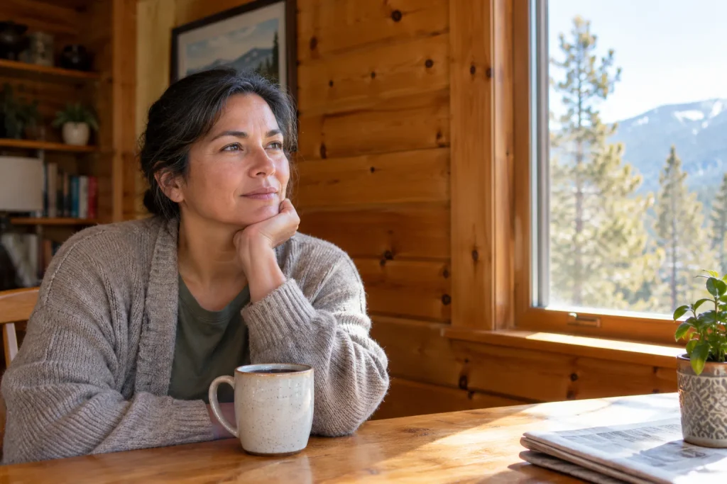 Woman pausing at her kitchen table in the morning, low energy despite a full night's rest