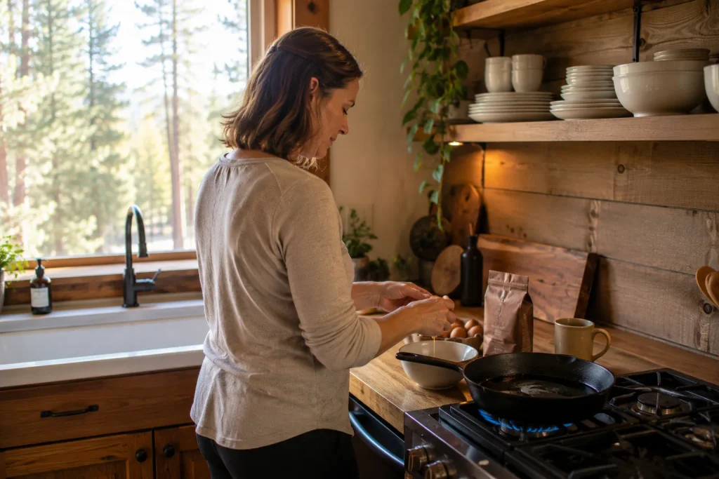 Woman preparing a high-protein breakfast in a mountain cabin kitchen while tracking her weight loss progress