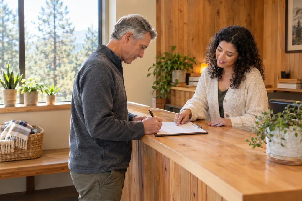 Client checking in for a first visit at a Colorado metabolic health clinic.