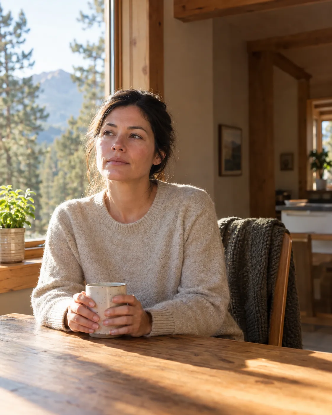 Woman at her kitchen table in early morning light, showing the exhaustion of HPA axis dysfunction symptoms despite a full night's sleep.