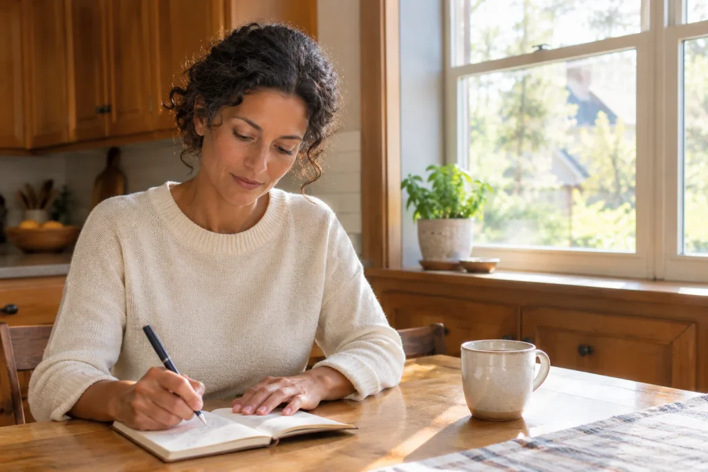 Woman in her early 40s journaling perimenopause symptoms at a sunlit kitchen table
