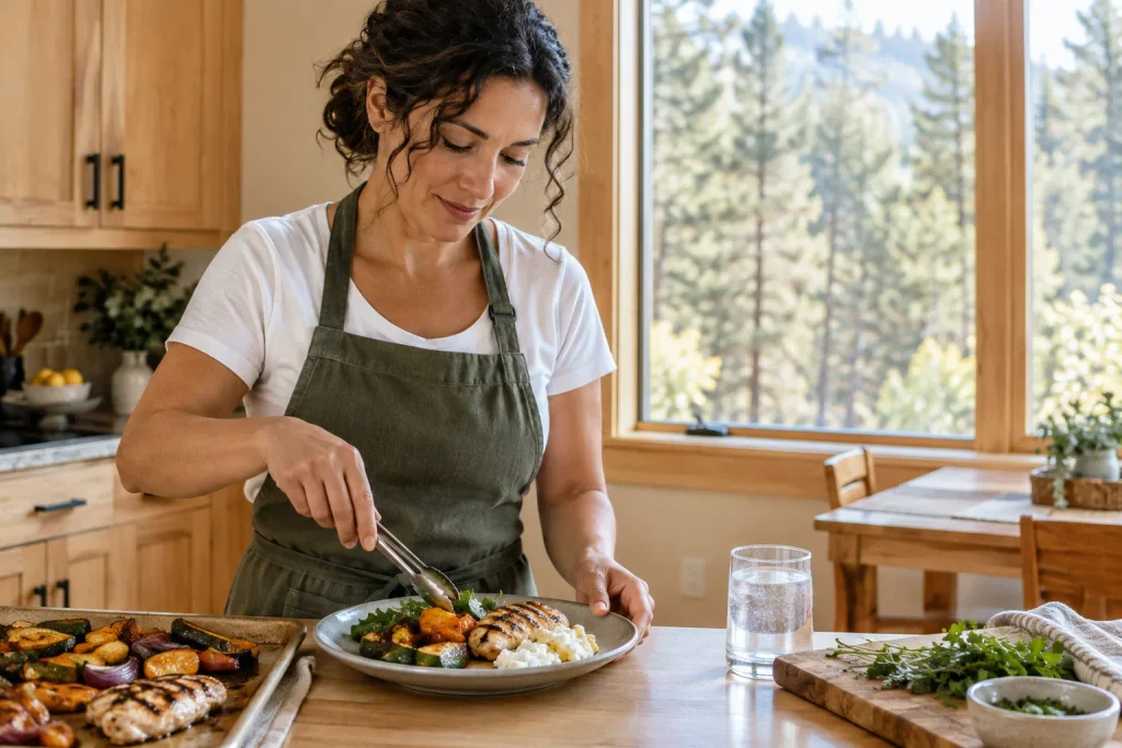 Woman plating grilled chicken and vegetables to support protein intake during GLP-1 treatment