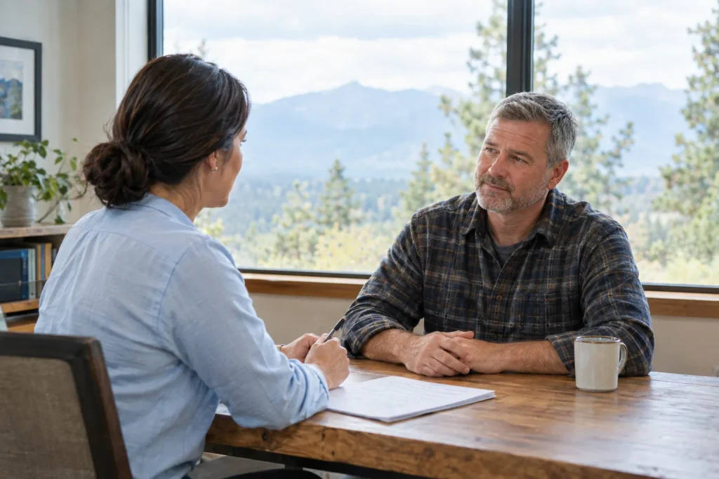 Provider and patient reviewing a personalized shockwave therapy session plan at a mountain-view clinic desk.