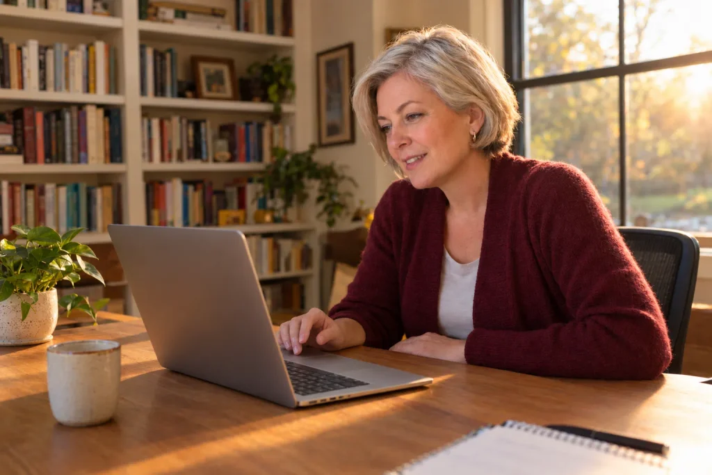 Woman in her early 50s on a telehealth hormone therapy call from a home office in Denver