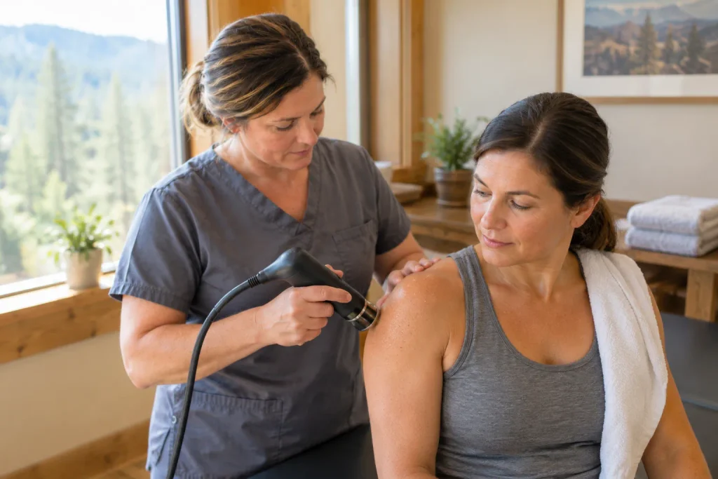 StemWave acoustic wave device applied to a client's shoulder during a clinic session.