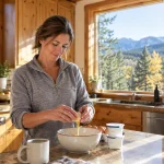 Woman preparing a protein-forward breakfast in a Colorado mountain kitchen as part of a GLP-1 muscle loss prevention plan.