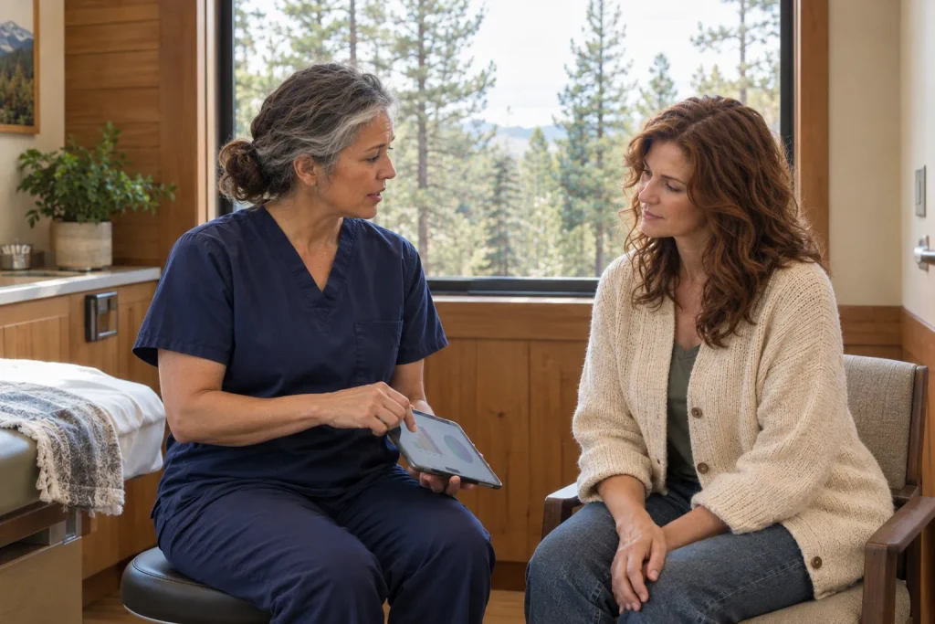 Nurse practitioner reviewing a hormone panel with a patient in a mountain clinic exam room