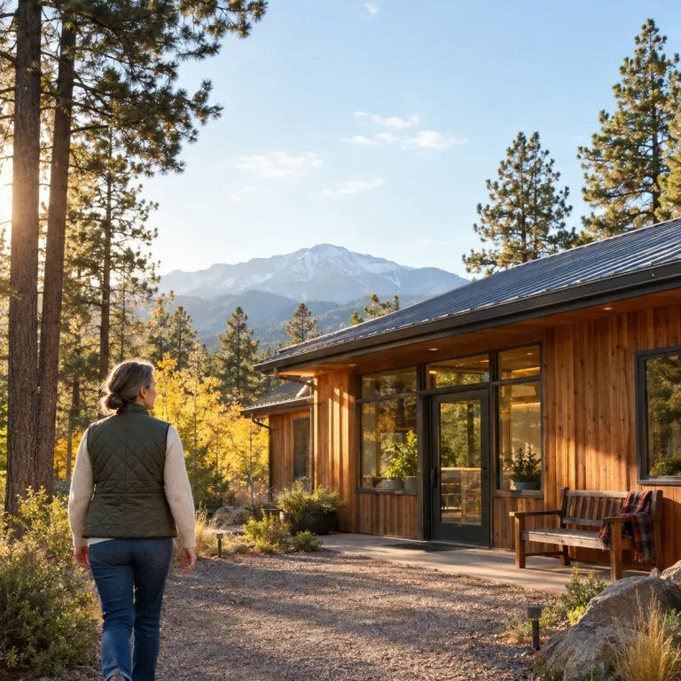 Exterior of a metabolic health clinic in Florissant, Colorado, surrounded by ponderosa pines.
