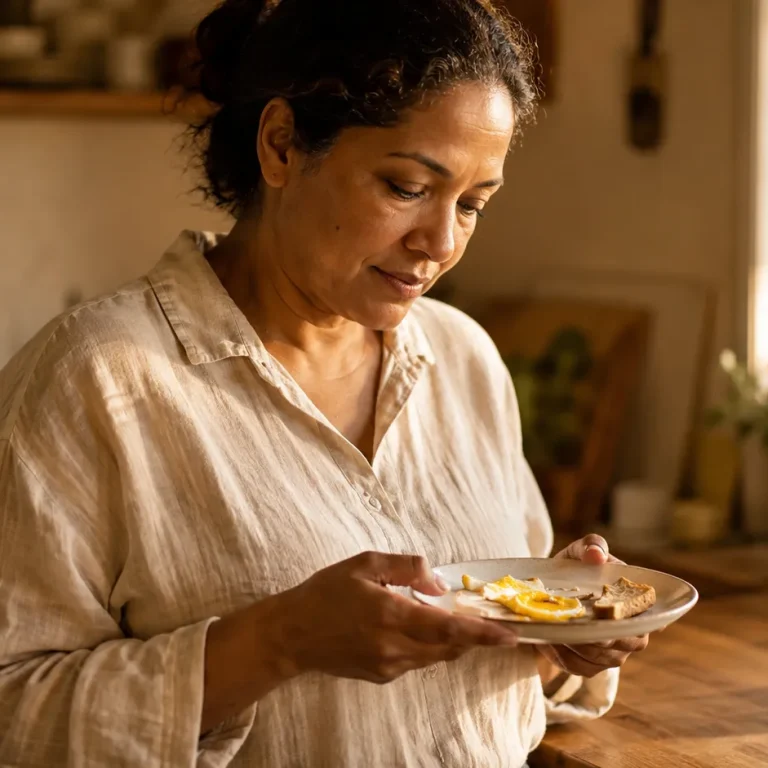 Woman in her 40s at a kitchen counter holding a half-finished plate, reflecting how fast you lose weight on GLP-1 by eating less naturally