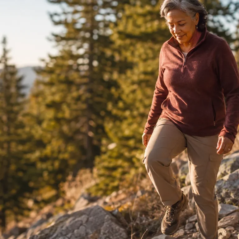 Woman in her late 50s stepping down a mountain trail, mid-motion — joint pain treatment without surgery for real mobility.