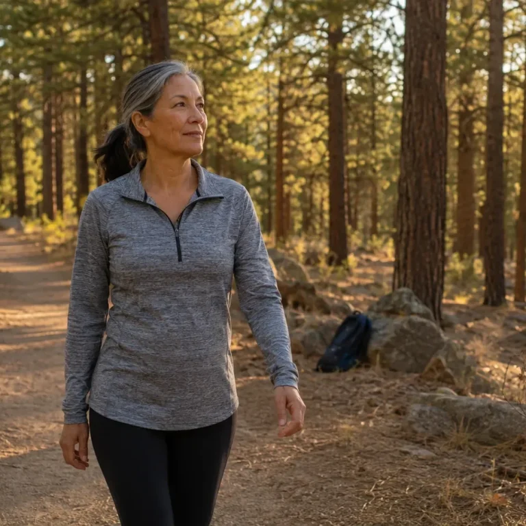 Woman walking a sunlit pine trail in the Colorado mountains after breaking through a GLP-1 weight loss plateau