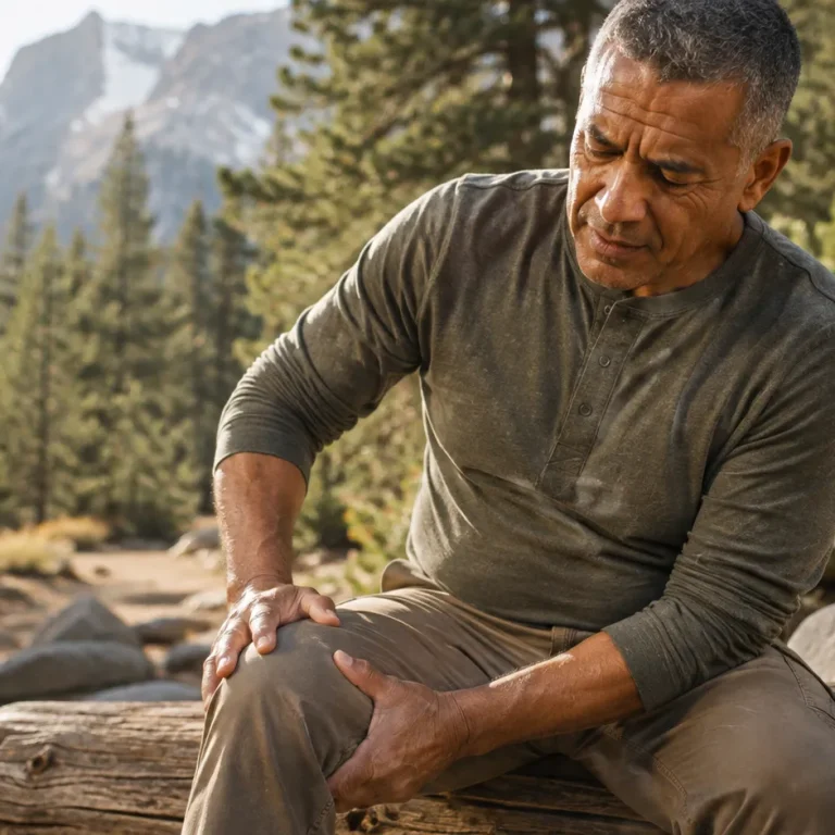 Man pressing hand to knee on a Colorado trailhead — regenerative medicine for joint pain at Evexia