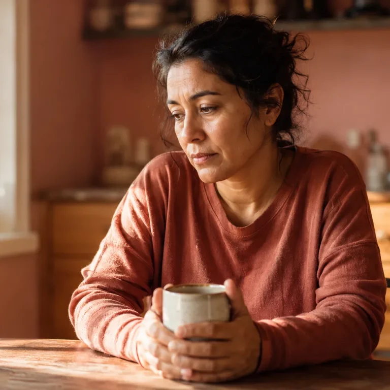 Woman in her 40s sitting quietly at a kitchen table, reflecting — illustrating symptoms of hormonal imbalance in women