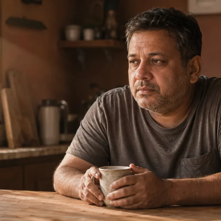 Tired man in his 40s sitting at a kitchen table in morning light, reflecting low testosterone treatment options.