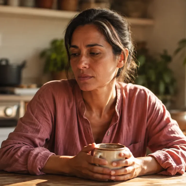 Tired woman in her 40s holding a tea mug at a kitchen table, reflecting hormone imbalance symptoms like fatigue and low energy